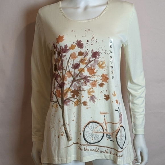 Cream Fall Leaves and Bicycle Long Sleeve Graphic Tee - Picture 1 of 7